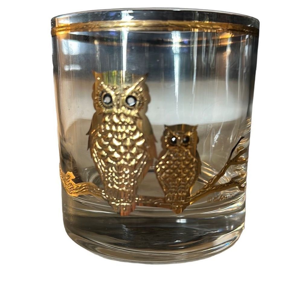 Vintage MCM 22kt CULVER OWL GLASS Lowball Rocks‎ Drinking Glass